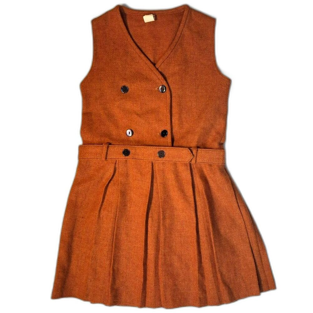 Vintage Orange Wool Blend Pleated Double Breasted Pinafore Dress Size 8 60s/70s